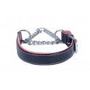 Adjustable PADDED Half check / Martingale Leather Dog Collar - Black with Pink Lining. (Stainless Steel Chain)
